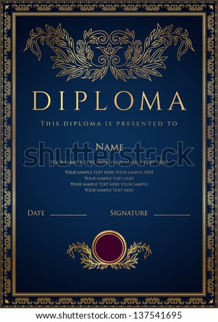 Vertical dark blue Diploma / Certificate  (template) with guilloche pattern (watermarks), golden floral border. Background design usable for invitation, gift voucher or awards. Vector
