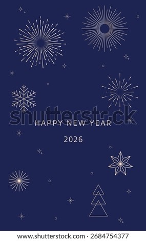 Vertical dark blue Happy New Year 2026 greeting with elegant golden fireworks, stars, snowflakes, and festive tree outline for seasonal winter holiday celebration