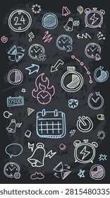 A vertical dark chalkboard wallpaper displaying 24h symbols, night clocks, ringing alarm bells, flaming fire clocks, and calendars with arrow details.
