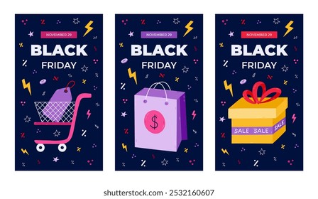 Vertical escuro colorido conjunto de histórias para Black Friday Sale com desenho animado clipart de compras. Faixa promocional para super descontos com carrinho de compras, pacote com dólar, caixa de presente para mídias sociais.