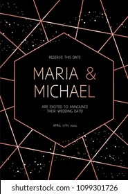 Vertical dark geometric vector design frame. Golden line borders. Modern invitation. Art deco card. Luxury and chic black background. Diamond shape. All elements are isolated and editable.