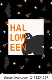 Vertical dark Halloween greeting card with ghost, bats, spiders and candies. Black background, white and orange colors. Vector template of modern design for party invitation, poster, cover.