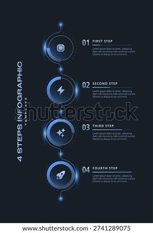 Vertical Dark Tech Infographic Elements Template with 4 Step Timeline, Connected Gradient Circles Featuring Solid Icons and Numbers, Workflow Layout for Presentations, Banners, Flowcharts, Business Reports, and UI Design Assets