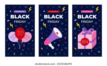 Vertical dark trendy set of stories for Black Friday Sale with cartoon shopping doodle. Promo banner for big price off with balloon, megaphone, present with discount tag for social media, website.