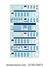 Vertical data server rack with panels and buttons 2D cartoon object. Computing equipment. Digital technology. Storage device isolated element flat vector clipart on white background. Spot illustration