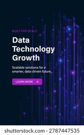 Vertical data technology banner with purple and blue glowing vertical lines, headline text and a button on a dark background.