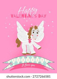 Tarjeta de felicitación del día de San Valentín de la Vertical con un caballo pegasus lindo que se coloca en una cinta decorativa con una textura estampada. Rodeada de estrellas y suaves Elementos románticos, esta ilustración tiene un sentimiento dulce y soñador y es perfecta para tarjetas de San Valentín, saludos románticos, diseños infantiles, invitaciones y proyectos festivos de temática amorosa