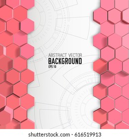 Vertical decorations from pink 3d hexagons and engineering drawings on white background with text vector illustration