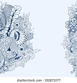 Vertical decorative background with hand-drawn leafs and fishes. 