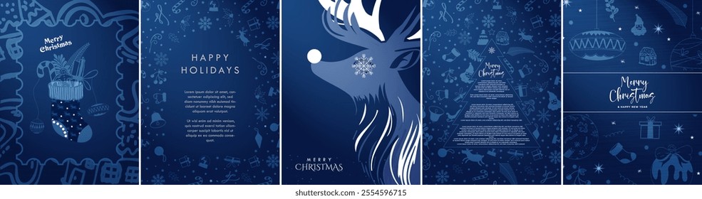 Vertical Decorative Blue Christmas Poster Designs. Merry Christmas and Happy New year greeting cards with copy space. Silhouette of reindeer profile. Xmas tree copy space. Xmas decoration pattern. 