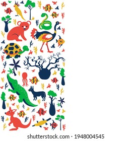 Vertical decorative frame with Australian wild animal and colorful tree, vector cartoon illustration, travel background with mammal, koala, kakadu, snake, kangaroo, crocodile for design template