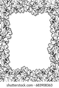 Vertical decorative frame with oak leaves and acorns. Contour vector illustration. Black and white.   