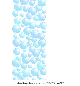 Vertical decorative line with soap bubbles, background with realistic water beads, pink blobs, vector foam illustration