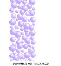 Vertical decorative line with soap bubbles, background with realistic water beads, purple blobs, vector foam illustration