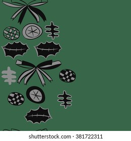 Vertical decorative motif, bow, objects, balls, leaves, spots, hole,pattern, copy space, seamless. Hand drawn.