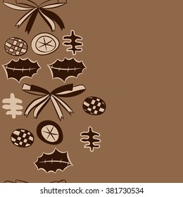 Vertical decorative motif, bow, objects, balls, leaves, spots, hole,pattern, copy space, seamless. Hand drawn.