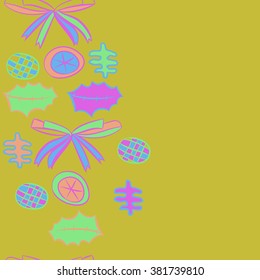 Vertical decorative motif, bow, objects, balls, leaves, spots, hole,pattern, copy space, seamless. Hand drawn.