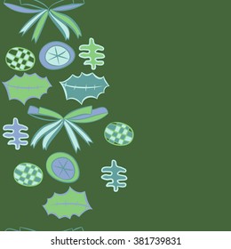 Vertical decorative motif, bow, objects, balls, leaves, spots, hole,pattern, copy space, seamless. Hand drawn.