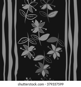 Vertical decorative motif, doodles,spots, hole,branches, flowers, leaves, stripes,  seamless. Hand drawn.