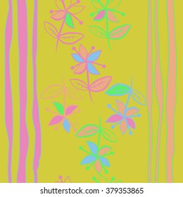 Vertical decorative motif, doodles,spots, hole,branches, flowers, leaves, stripes,  seamless. Hand drawn.