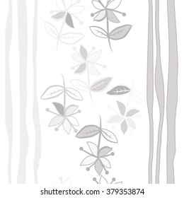 Vertical decorative motif, doodles,spots, hole,branches, flowers, leaves, stripes,  seamless. Hand drawn.