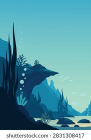 Vertical Deep Blue Underwater Ocean Landscape Flat Vector Background With Coral Reef Silhouettes