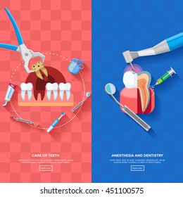 Vertical dentist banners with stages of teeth treatment and necessary equipment for teeth care on pink and blue plaid background flat isolated vector illustration