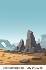 Vertical Desert Canyon Flat Vector Landscape With Sharp Rock Formations And Natural Stone Arch
