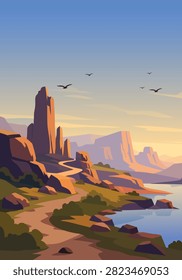 Vertical Desert River Valley Flat Vector Landscape With Winding Dirt Path And Rocky Peaks