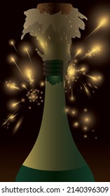 Vertical design with delicious champagne bottle popping the cork with fireworks display in the background.