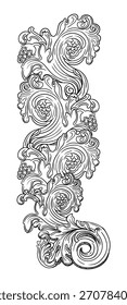 Vertical design element with grapes. Decorative twisted leaves and grapes, vintage vector ornament, isolated illustration. Graphic design for calligraphy cards, wedding invitation, royal certificate,