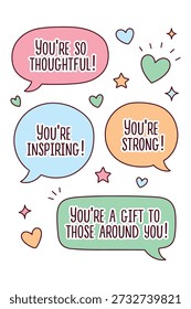 Vertical design featuring four vibrant speech bubbles with compliments. Decorated with stars and hearts to celebrate kindness and appreciation for World Compliment Day on March first.
