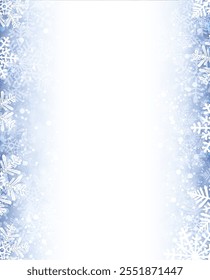 Vertical design with intricate white and blue snowflakes framing the edges on a frosty background. Perfect for holiday invitations, cards, or winter-themed projects.