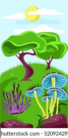  Vertical design for mobile phone screen. Beautiful vector background with mushrooms.
Vector cartoon outdoor illustration. 