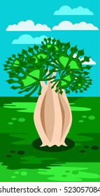 Vertical design for mobile phone screen. Beautiful vector background with unusual tree. Vector cartoon outdoor illustration.