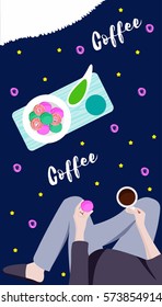 Vertical design for mobile phone screen. Vector cartoon illustration, girl with coffee, flat design