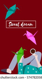 Vertical design for mobile phone screen. Vector cartoon illustration, girl with coffee, flat design, sweat dream, origami