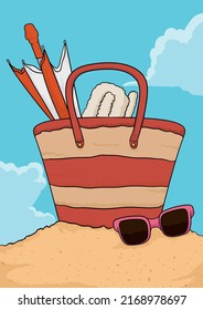 Vertical design with objects for summertime at the beach: umbrella and towel in handbag and sunglasses over the sand.