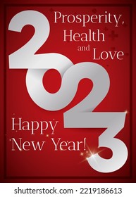 Vertical design with red background, united numbers forming the 2023 and greeting wishing you a Happy New Year with prosperity, health and love.