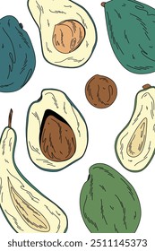 design vertical com abacate maduro e buracos em fundo branco no estilo doodle