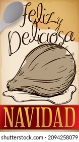 Vertical design in scroll with soaked fig drawing, decorated with syrup and spoon wishing you a delicious Christmas (texts written in Spanish).