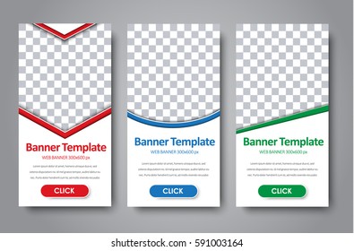 vertical design standard size web banner with diagonal, round elements and arrow. Template with space for a photo. Vector illustration. Set