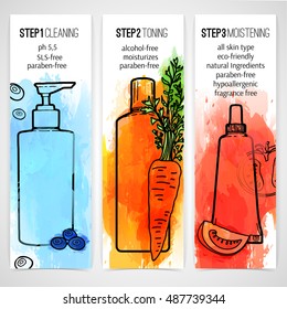 Vertical design template of brochures about organic cosmetic. Booklet wits natural ingredient. Information about steps skincare. Design with watercolor texture.  Skincare routine. Vector