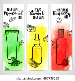 Vertical design template of brochures, booklets about organic cosmetics. Information about natural ingredients for skin care. Design with watercolor texture, fruit, herb and berry. Vector. 