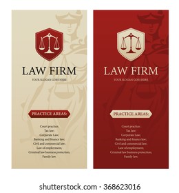 Vertical design template for law office, firm or company with justice scales logo and Themis statue silhouette on background. Can be used as web banner, poster, brochure, leaflet or flyer etc.