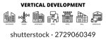 Vertical Development web banner icon vector illustration concept with icons of skyscraper, tower, apartment, office, hotel, mall, and warehouse.
