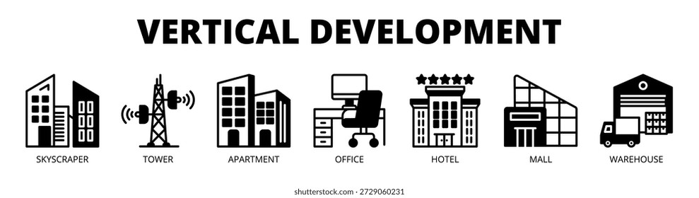 Concepto de Ilustración vectorial de iconos de Anuncio de Web de desarrollo de Vertical con iconos de rascacielos, torre, departamento, oficina, hotel, centro comercial y almacén.