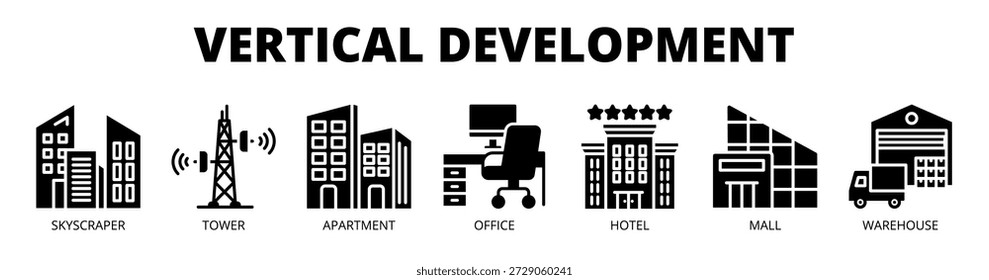 Concepto de Ilustración vectorial de iconos de Anuncio de Web de desarrollo de Vertical con iconos de rascacielos, torre, departamento, oficina, hotel, centro comercial y almacén.