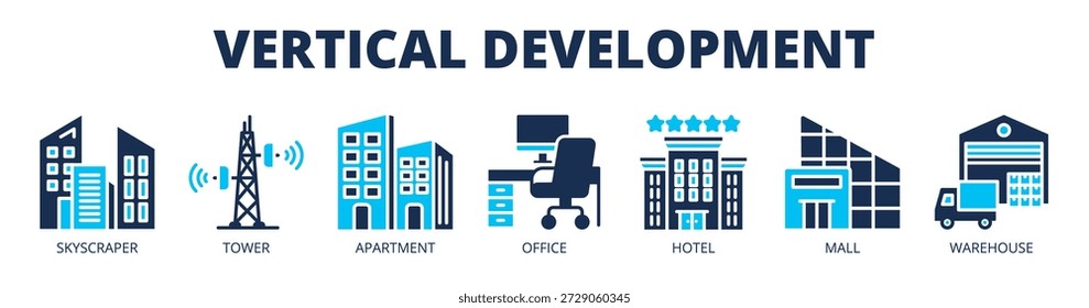 Concepto de Ilustración vectorial de iconos de Anuncio de Web de desarrollo de Vertical con iconos de rascacielos, torre, departamento, oficina, hotel, centro comercial y almacén.