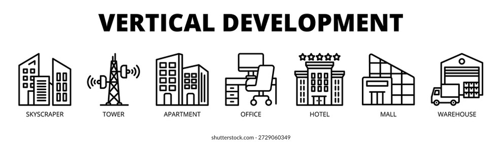 Concepto de Ilustración vectorial de iconos de Anuncio de Web de desarrollo de Vertical con iconos de rascacielos, torre, departamento, oficina, hotel, centro comercial y almacén.